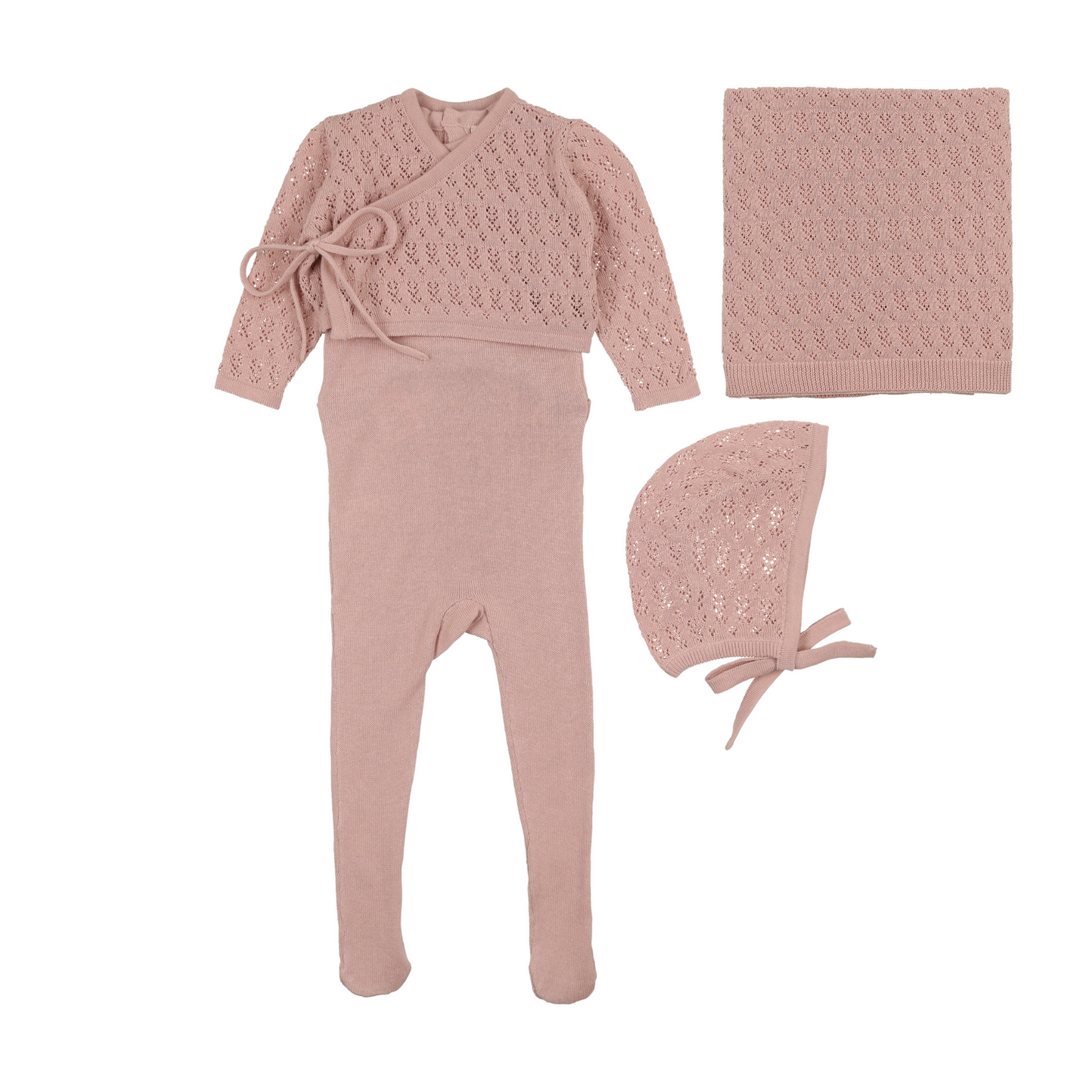 Mema Knits Knit Sleeveless Footie, Cardigan & Bonnet W Blanket