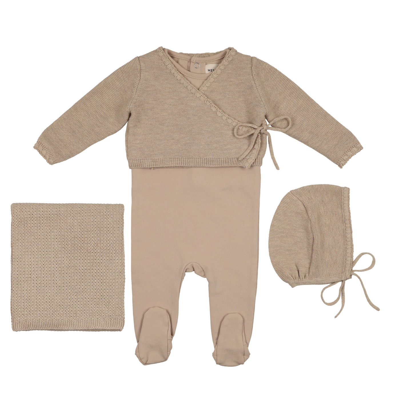 Mema Knits Embroidered Edge Knit Sweater and Bonnet + Base Footie + Blanket