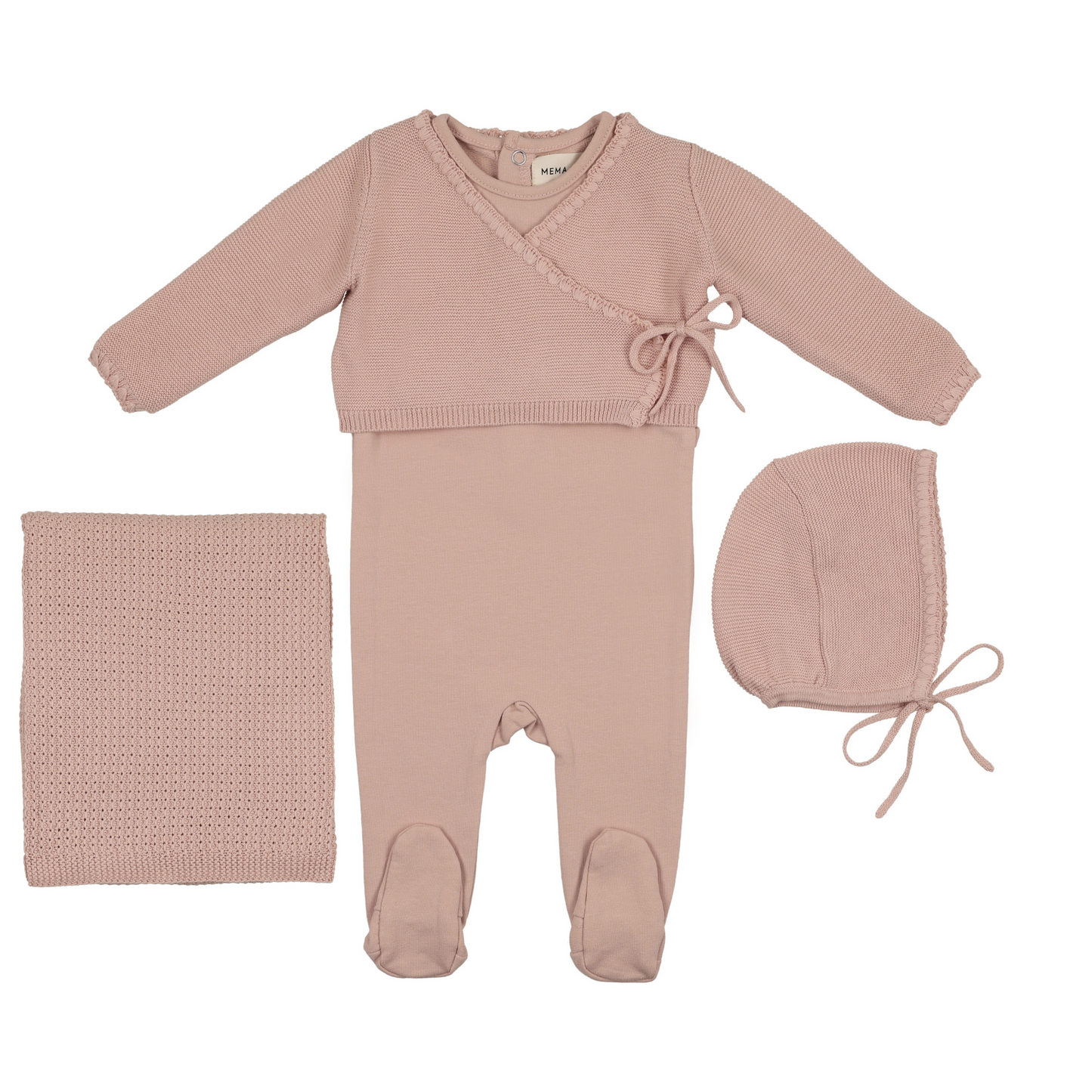 Mema Knits Embroidered Edge Knit Sweater and Bonnet + Base Footie + Blanket