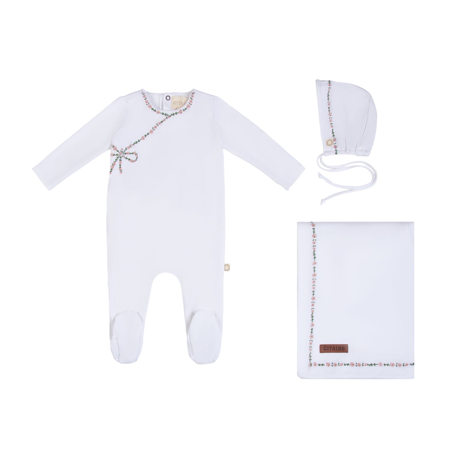 Citrine Mock Wrap Embroidery Layette Set