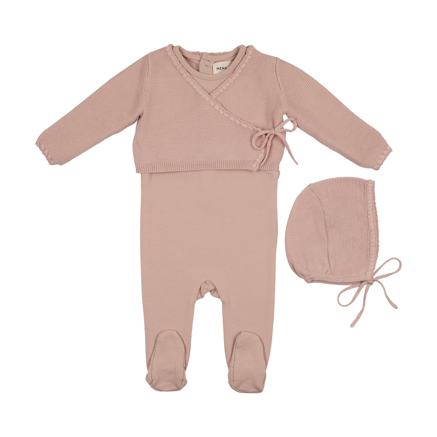 Mema Knits Embroidered Edge Knit Sweater and Bonnet + Base Footie