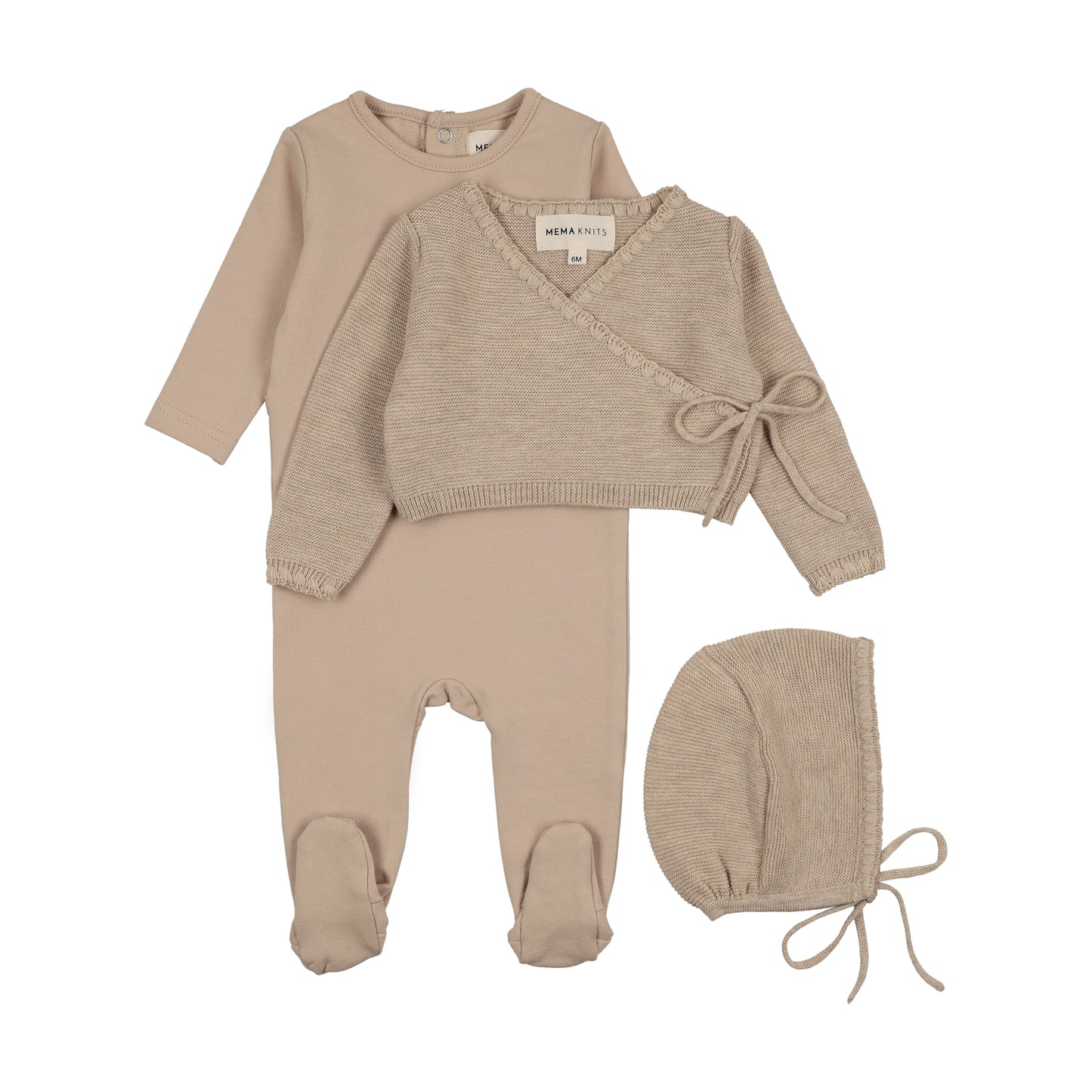 Mema Knits Embroidered Edge Knit Sweater and Bonnet + Base Footie