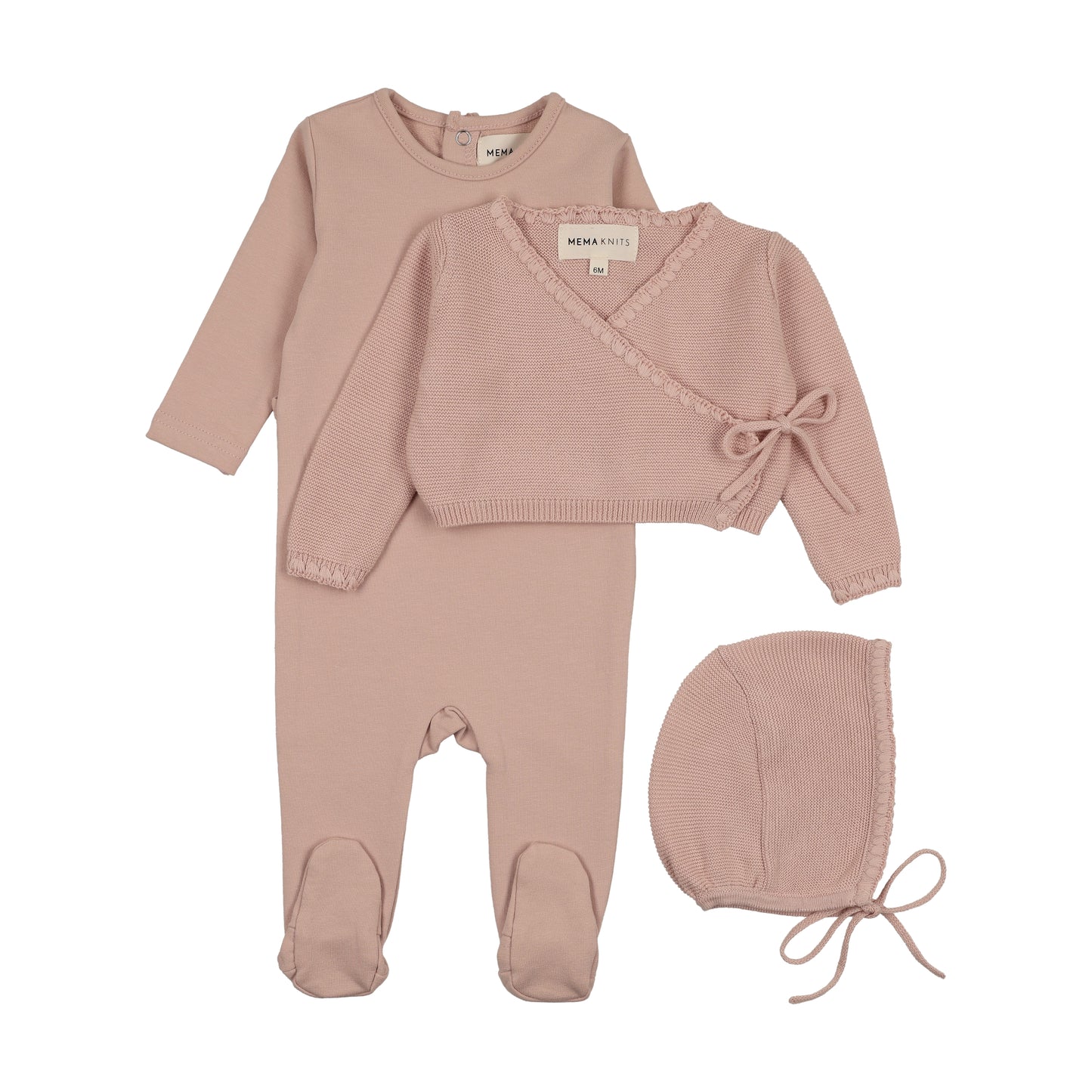 Mema Knits Embroidered Edge Knit Sweater and Bonnet + Base Footie