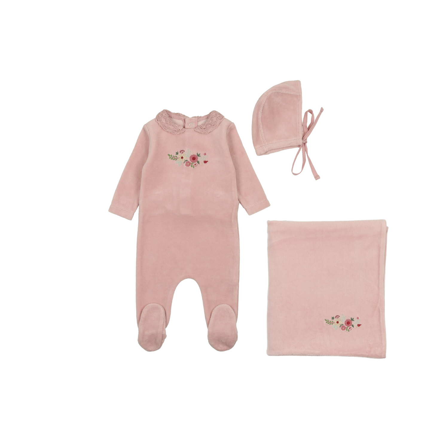 Bee and Dee Embroidered Flowers Velour Layette Set