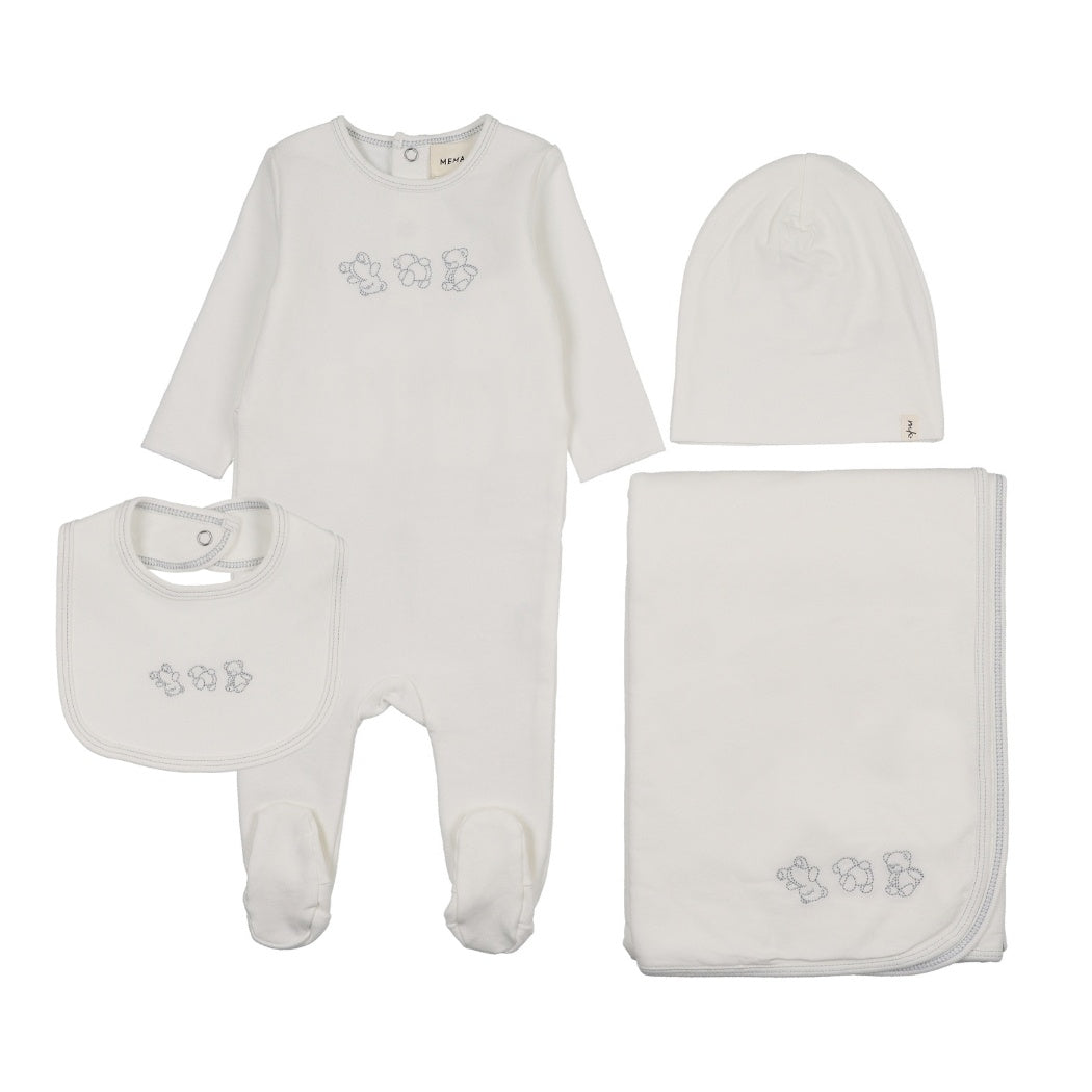 Mema Knits Embroidered Stitch Teddy 4 Piece Layette Set
