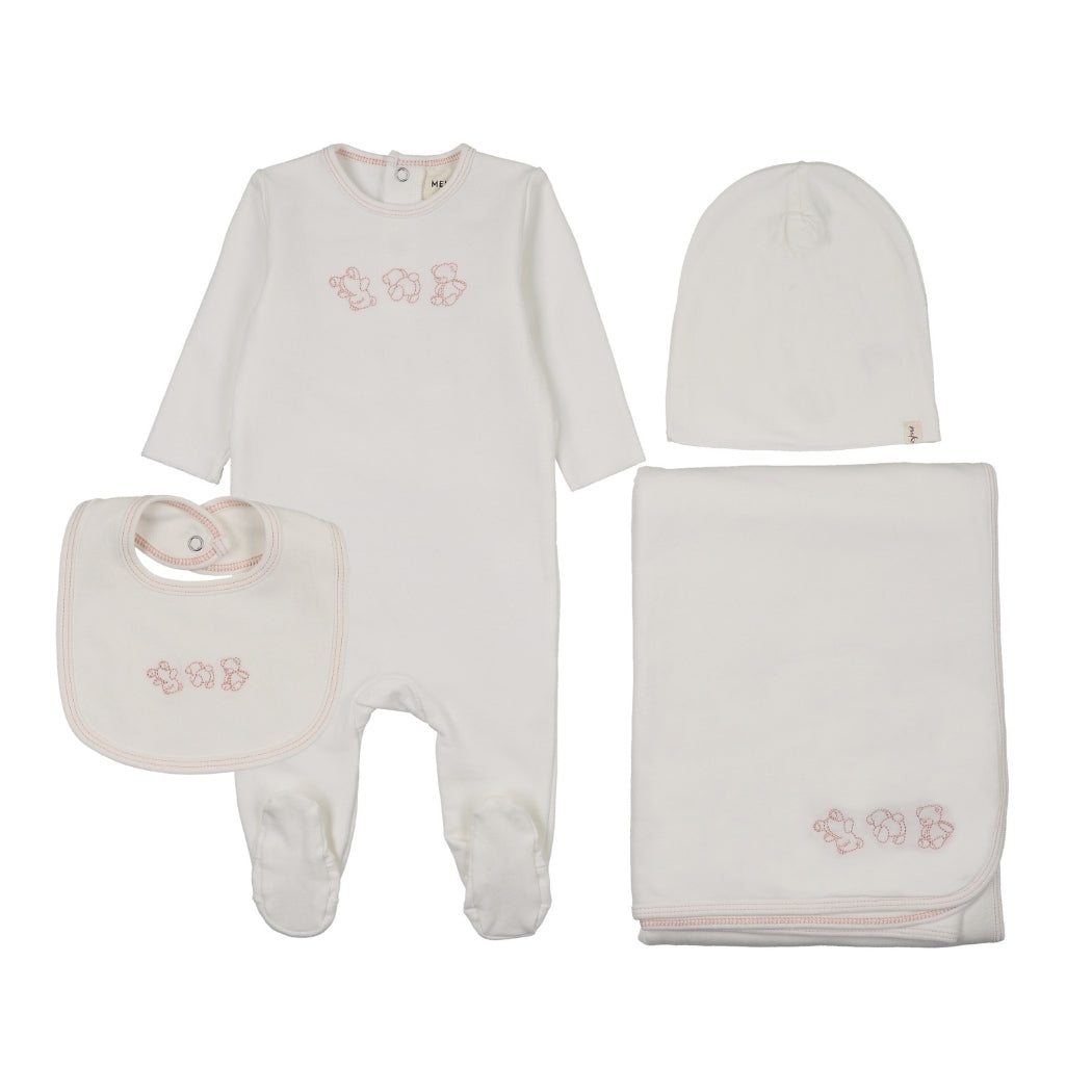 Mema Knits Embroidered Stitch Teddy 4 Piece Layette Set