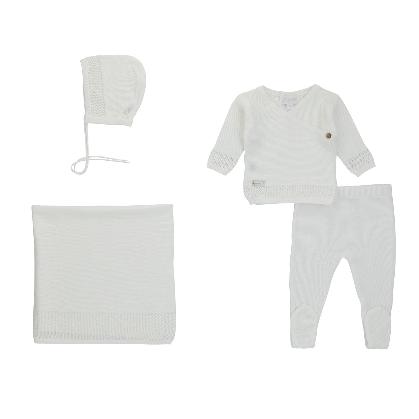 Rompp Eyelet Trim White Knit 2pc Set With Blanket