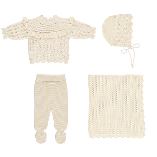 Bebe Organic Silvia Sweater, Footed Legging, Bonnet Set + Blanket