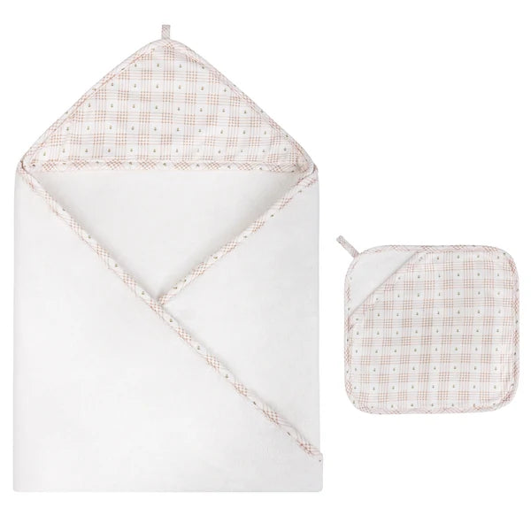 Ely's & Co. Hooded Towel with Pocket Wash Cloth - Floral Plaid Collection