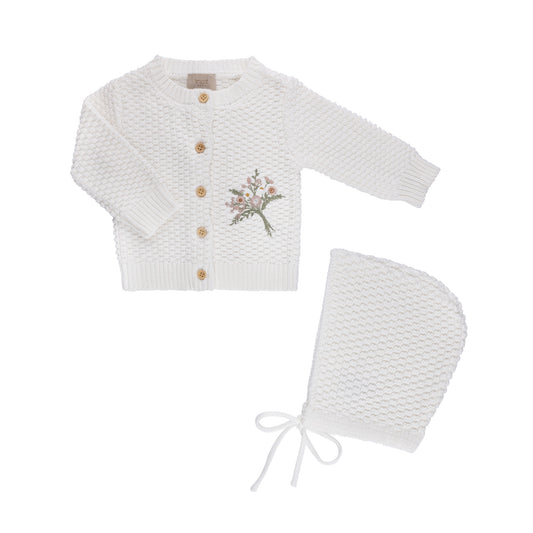 Tricot Bebe Embroidered Knit Cardigan and bonnet