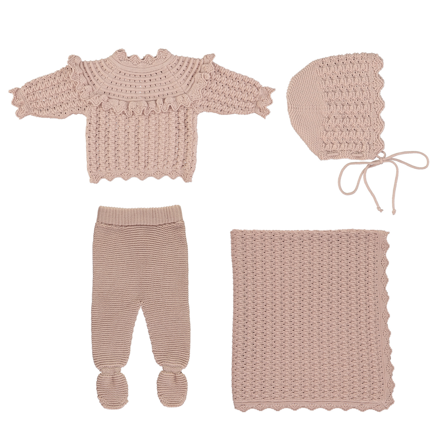 Bebe Organic Silvia Sweater, Footed Legging, Bonnet Set + Blanket