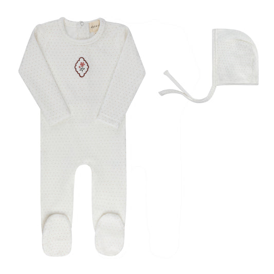 Ely's & Co.  Velour Embroidered Floral Dot Footie Set