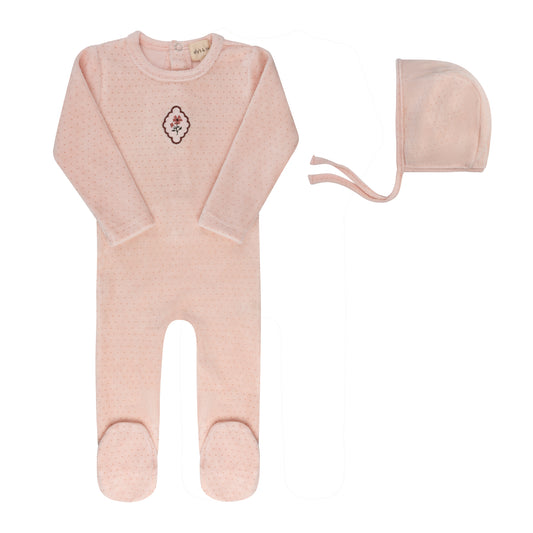 Ely's & Co.  Velour Embroidered Floral Dot Footie Set