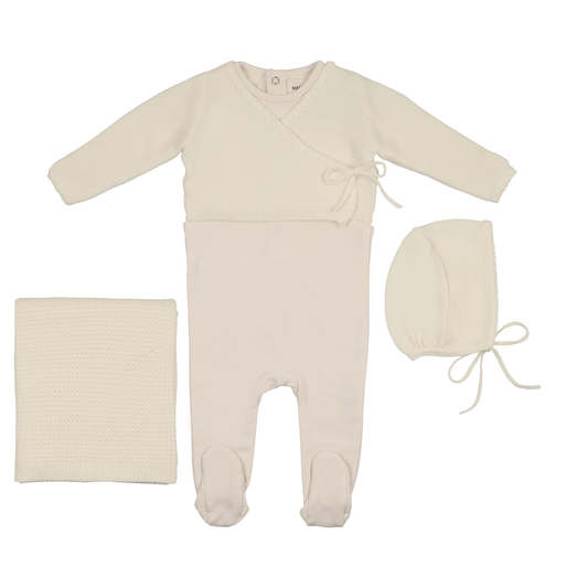 Mema Knits Embroidered Edge Knit Sweater and Bonnet + Base Footie + Blanket