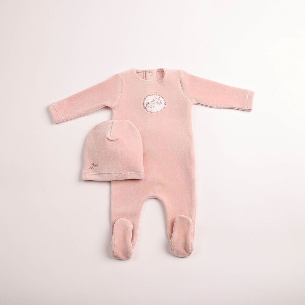 Bee and Dee Birdie Branch Velour Footie Set