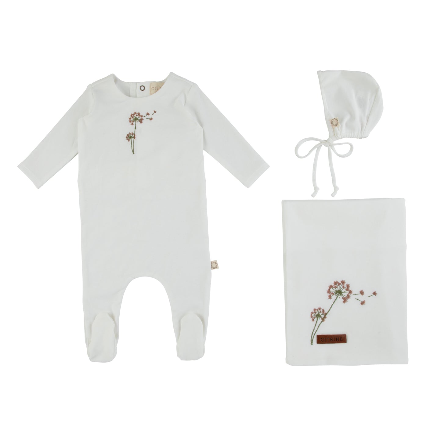 Citrine Dandelion Embroidery Layette Set