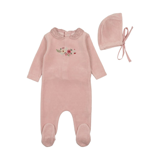 Bee and Dee Embroidered  Flowers Velour Footie Set