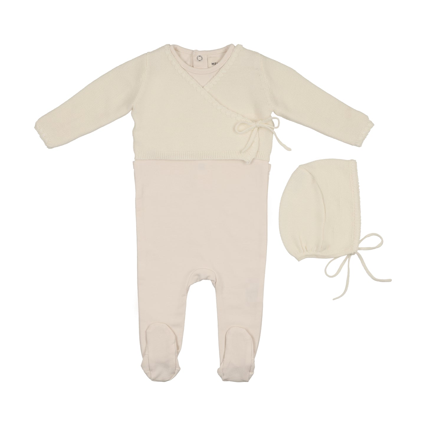 Mema Knits Embroidered Edge Knit Sweater and  Bonnet + Base  Footie