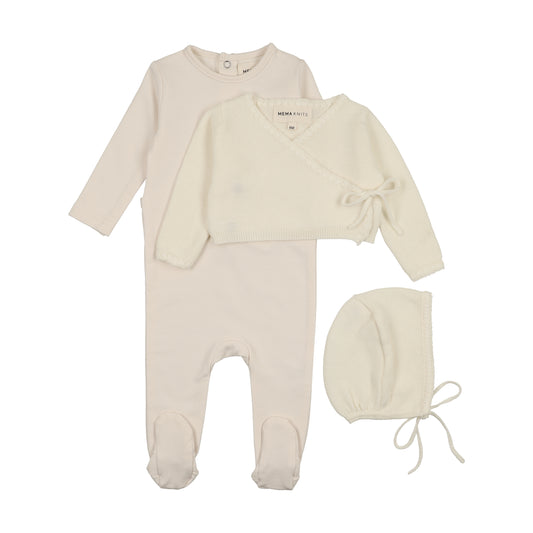 Mema Knits Embroidered Edge Knit Sweater and  Bonnet + Base  Footie