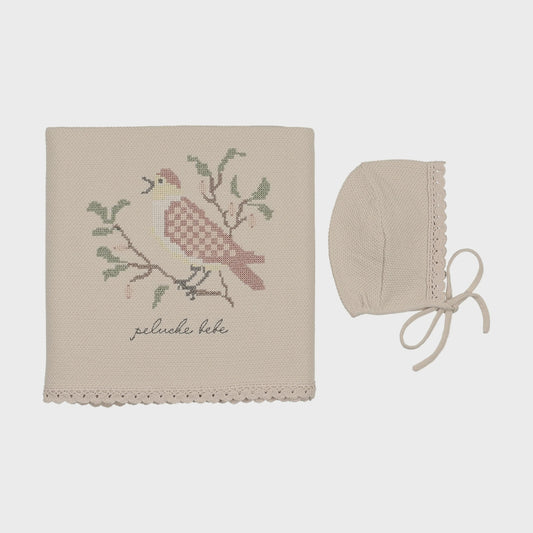 Peluche Knit Cross Stitch Blanket and Bonnet