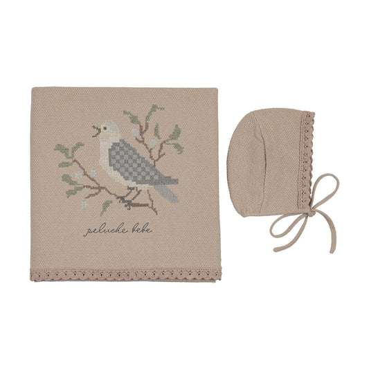 Peluche Knit Cross Stitch Blanket and Bonnet