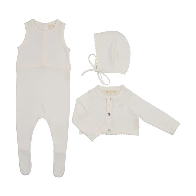 Peluche Knit Jumpsuit + Cropped Cardigan + Bonnet Set