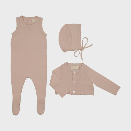 Peluche Knit Jumpsuit + Cropped Cardigan + Bonnet Set