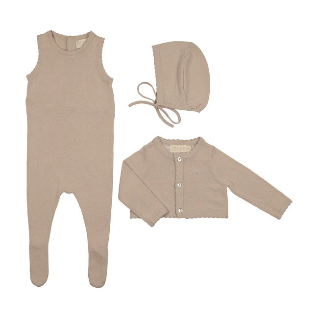 Peluche Knit Jumpsuit + Cropped Cardigan + Bonnet Set