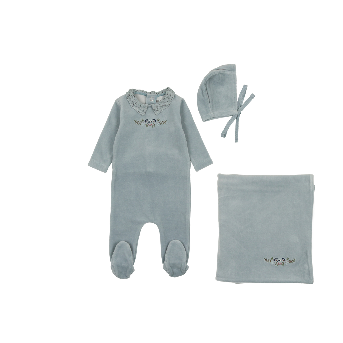 Bee and Dee Embroidered  Flowers Velour Layette Set