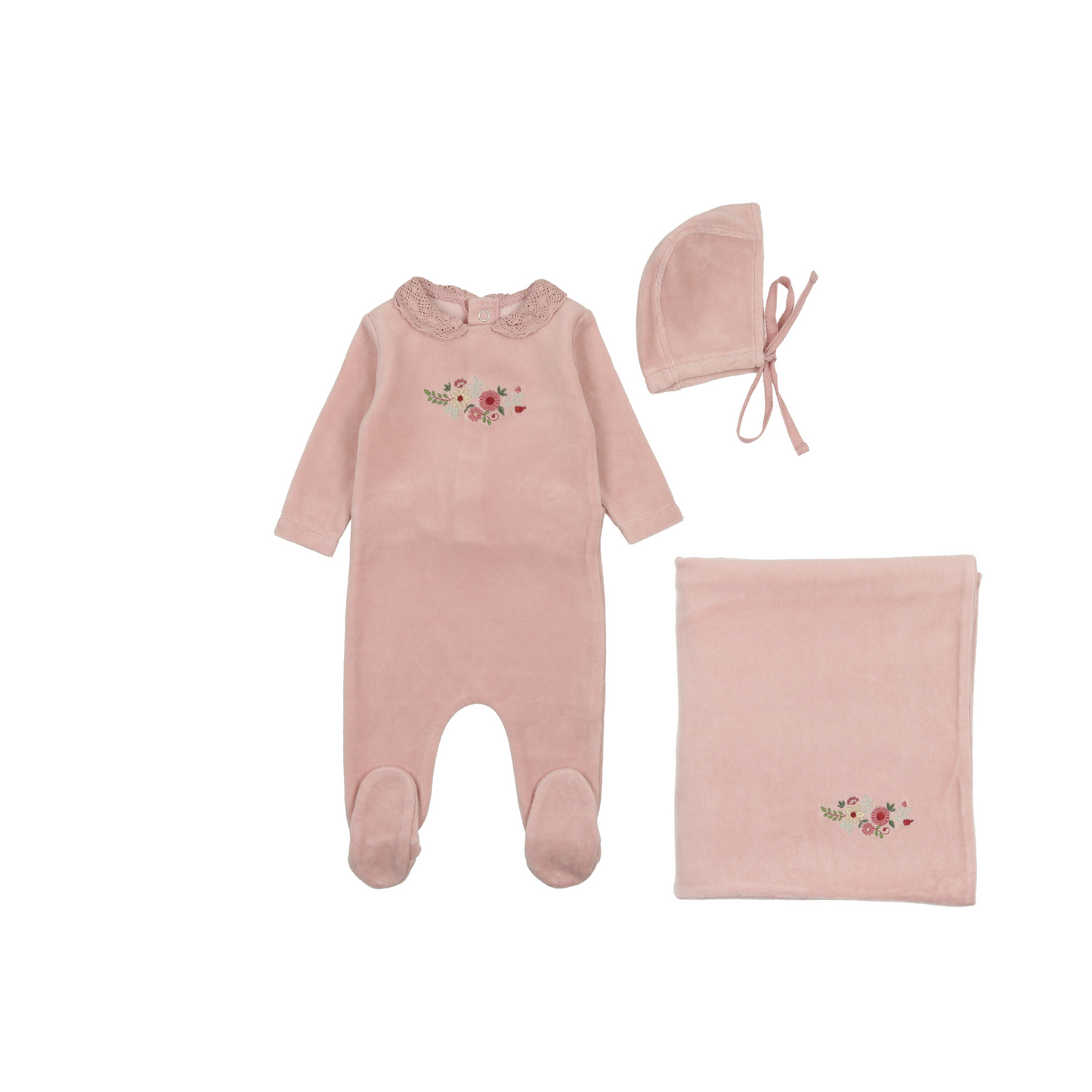 Bee and Dee Embroidered  Flowers Velour Layette Set