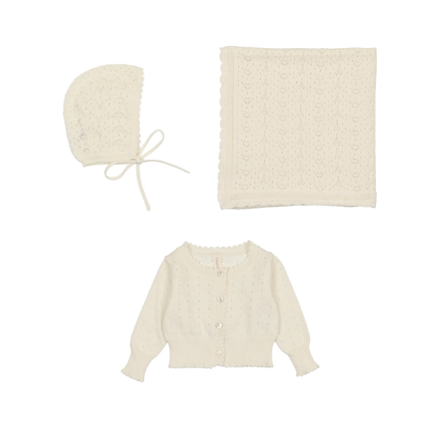 Lilette Open Knit Cardigan, Bonnet and Blanket Set