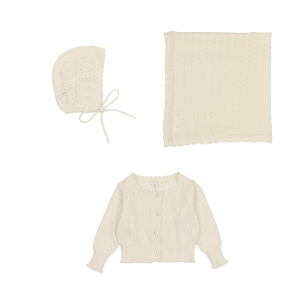 Lilette Open Knit Cardigan, Bonnet and Blanket Set