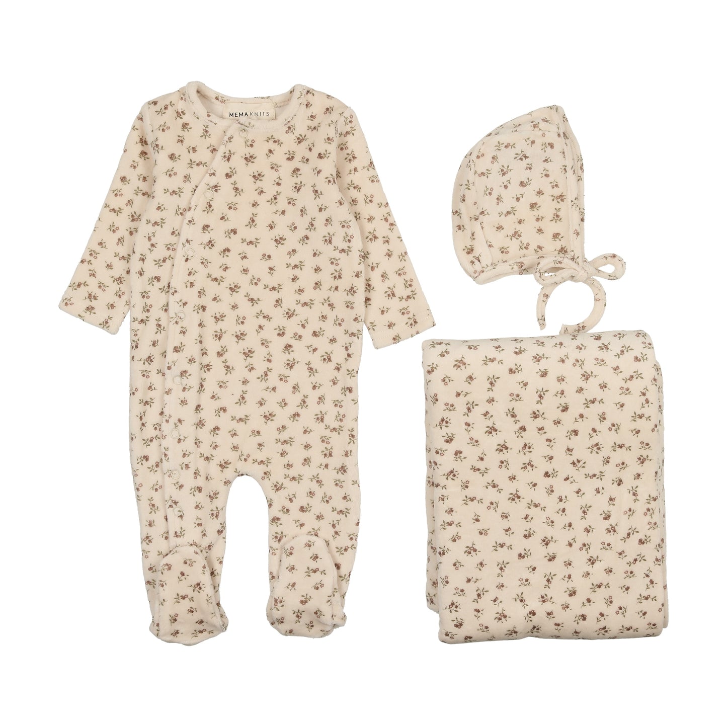 Mema Knits Printed Velour Side Snap Layette Set