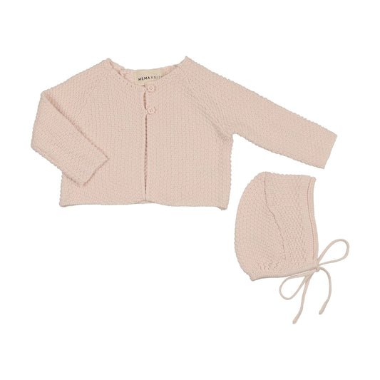 Mema Knits Waffle Knit Cardigan + Bonnet