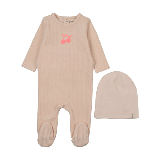 Mema Knits Velour Embroidered Cherry Footie Set