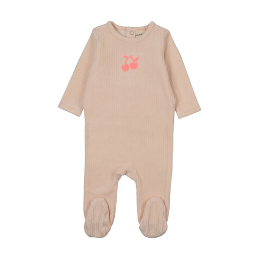 Mema Knits Velour Embroidered Cherry Footie