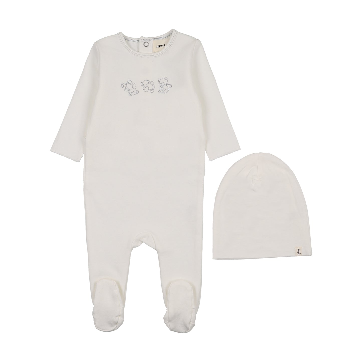 Mema Knits Embroidered Stitch Teddy Footie Set + Bib