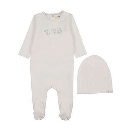 Mema Knits Embroidered Stitch Teddy Footie Set + Bib