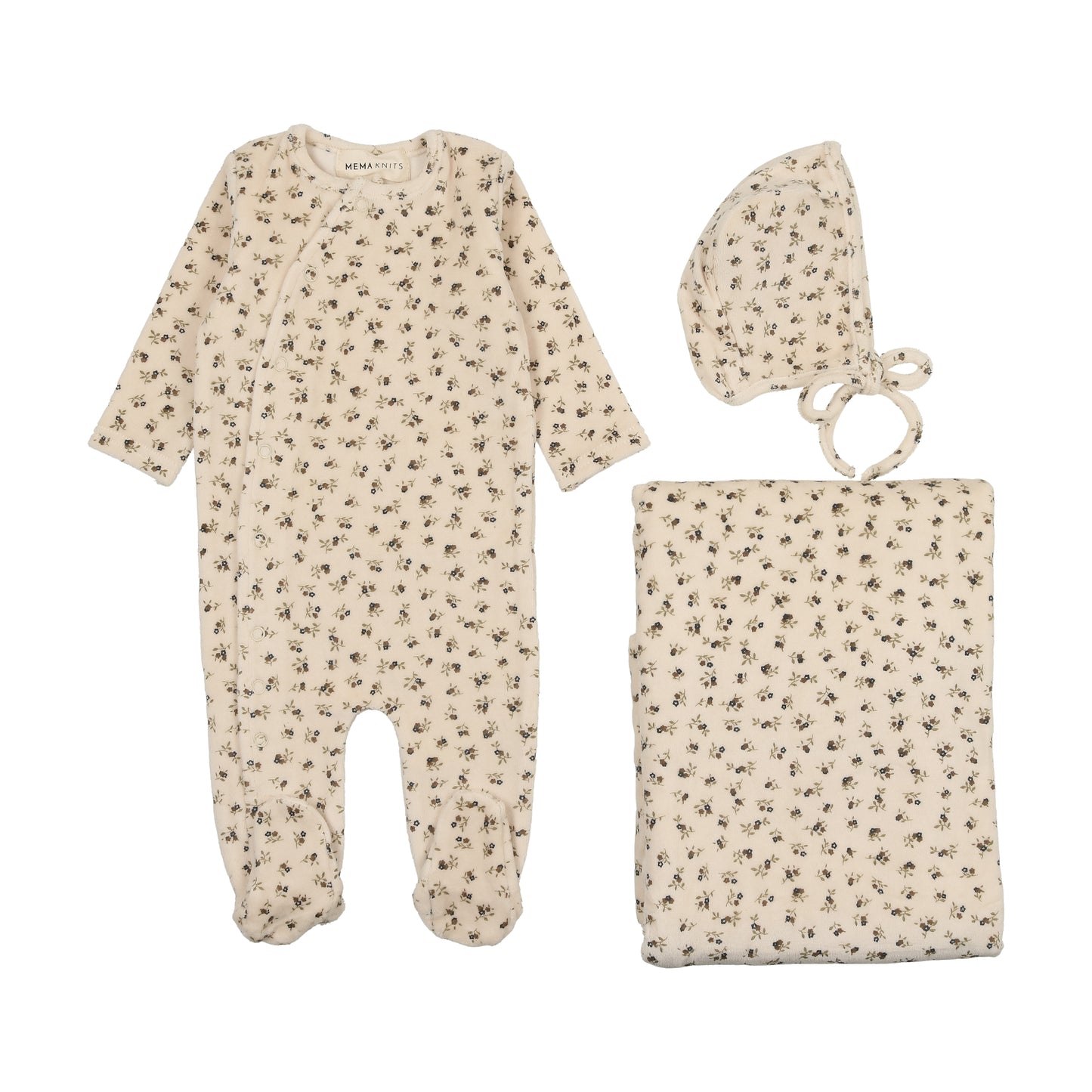 Mema Knits Printed Velour Side Snap Layette Set