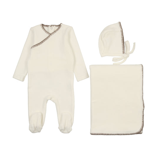 Mema Knits Velour Embroidered Layette Set