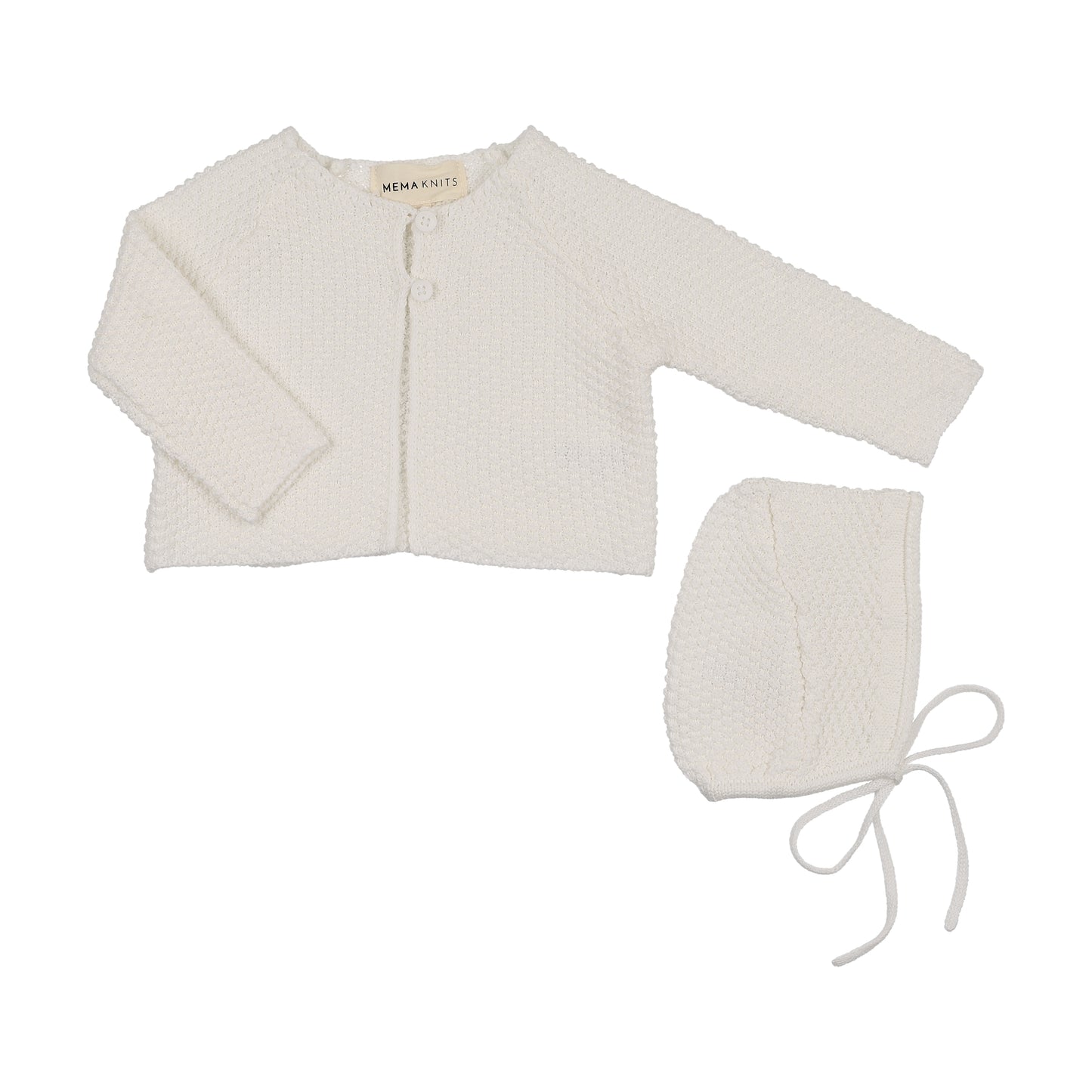 Mema Knits Waffle Knit Cardigan + Bonnet