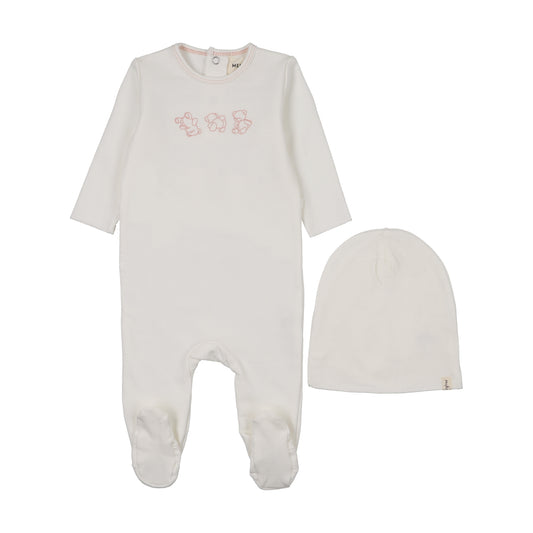 Mema Knits Embroidered Stitch Teddy Footie Set + Bib