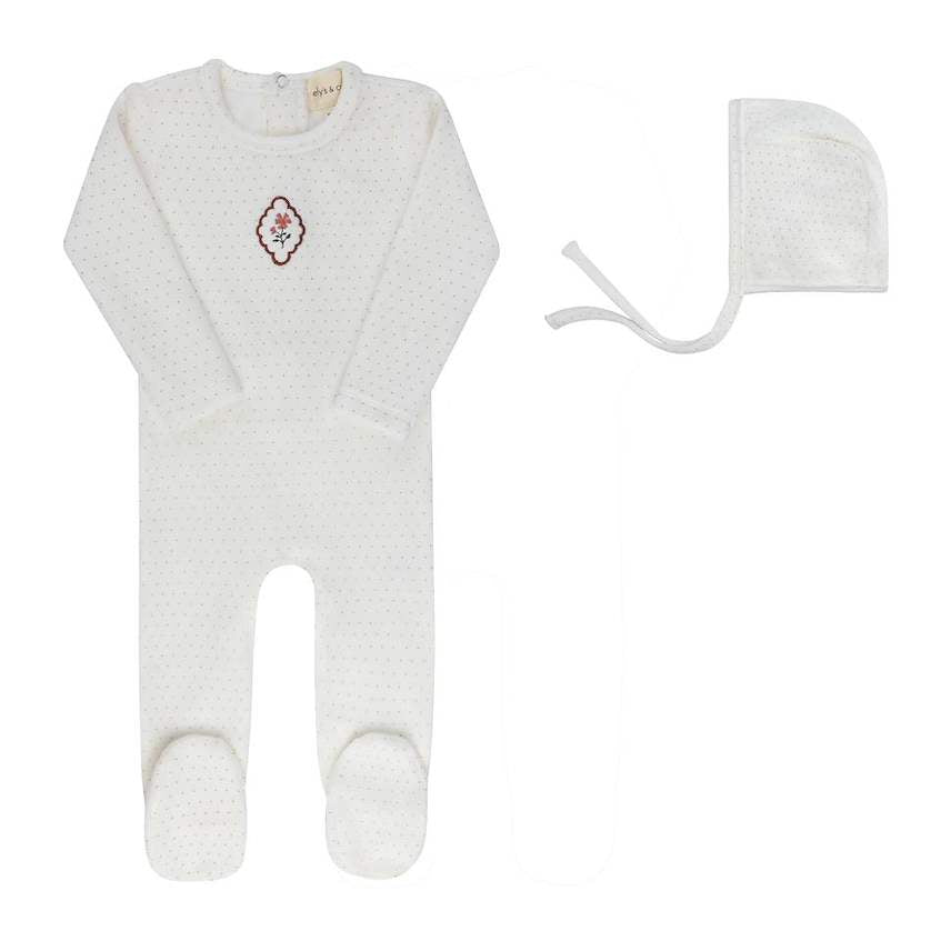 Ely's & Co.  Velour Embroidered Floral Dot Footie Set