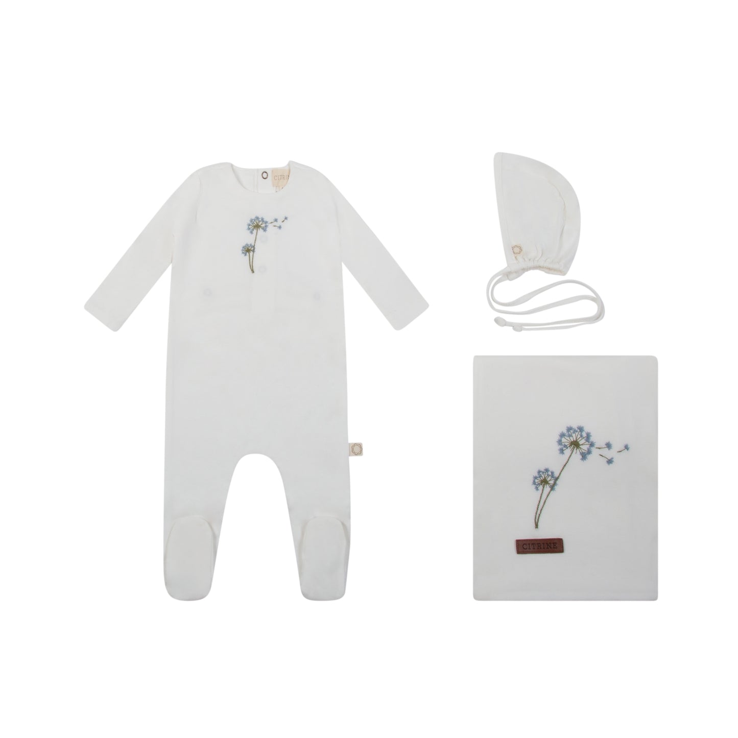 Citrine Dandelion Embroidery Layette Set