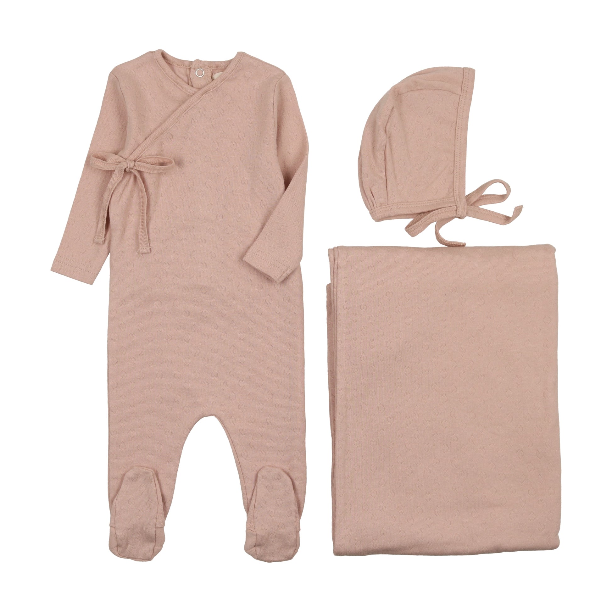 Mema Knits Pointelle Heart 3PC Set - Pale Pink Mema Knits Pointelle Heart 3PC Set - Pale Pink