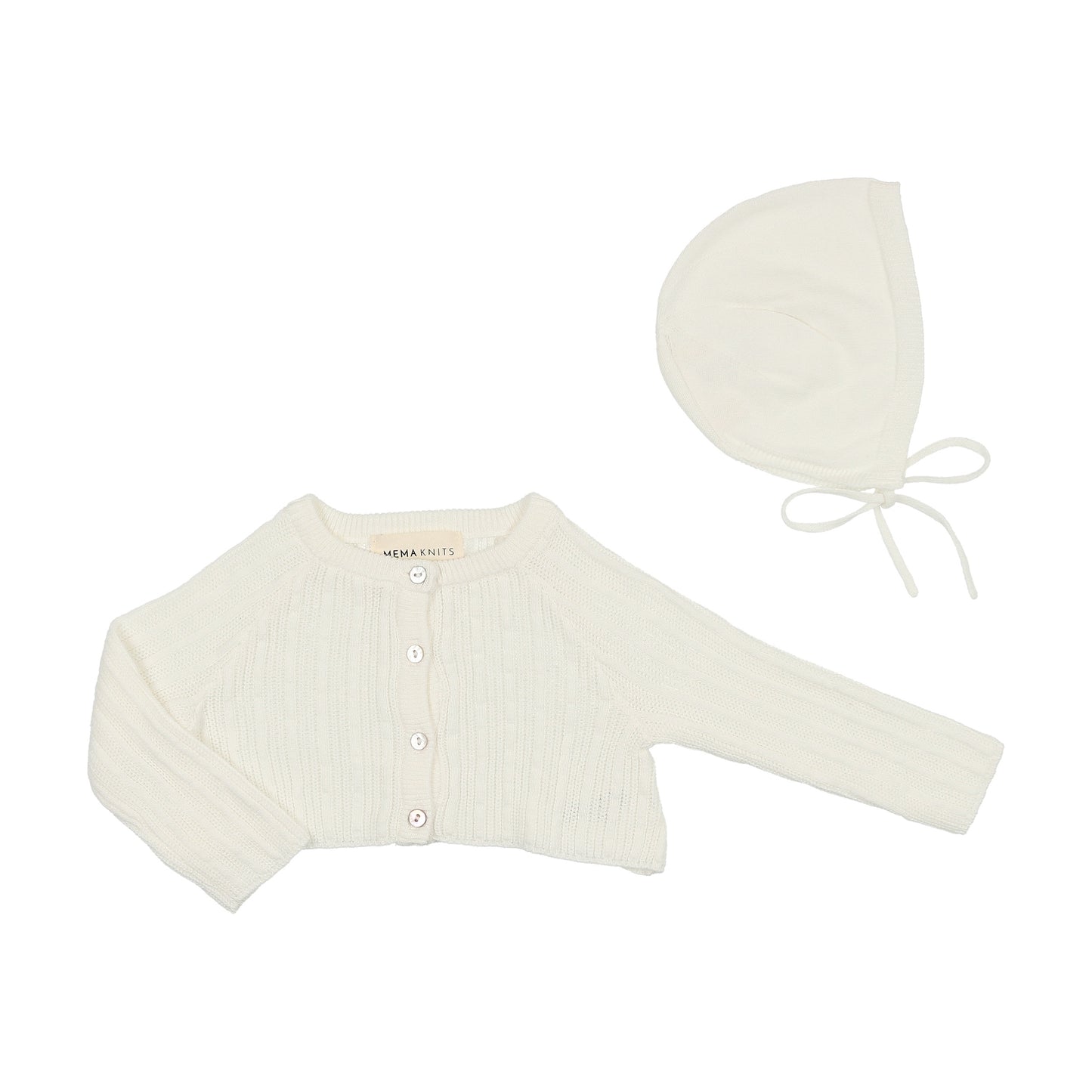 Mema Knits Crop Pointelle Cardigan and Bonnet Set